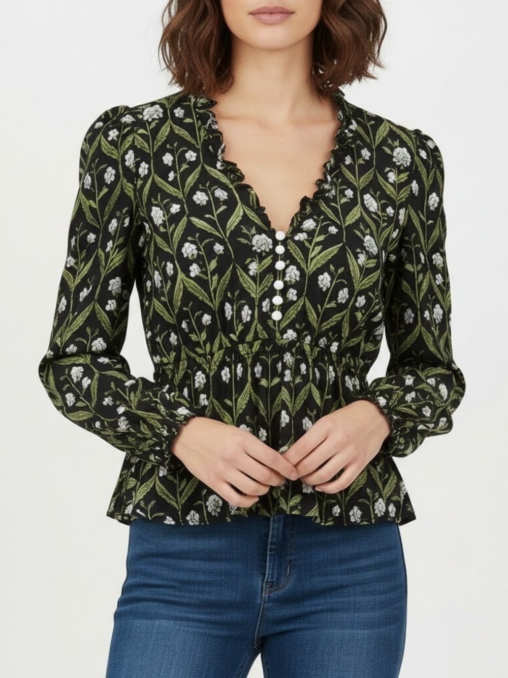Anthropologie Black Floral V-Neck Peplum Top with Olive Leaves Size XSP